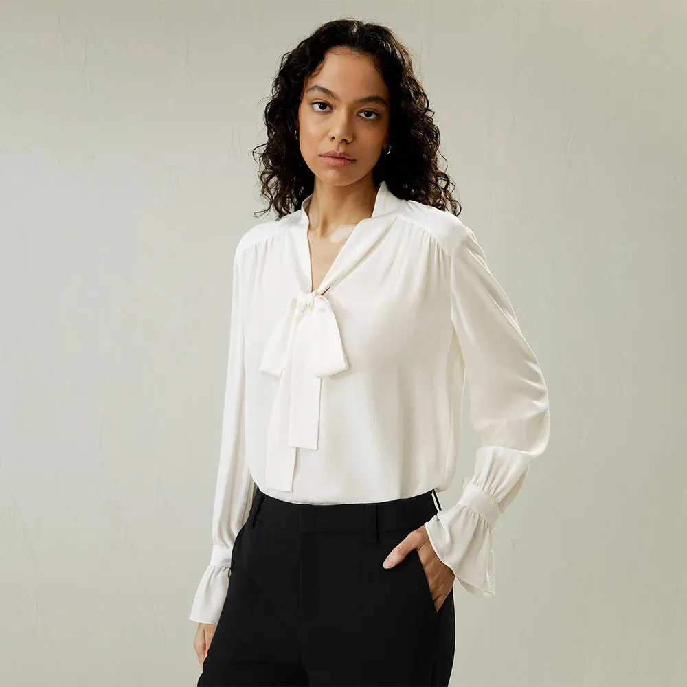 Pleated Cuffs Ribbon Bow Tops