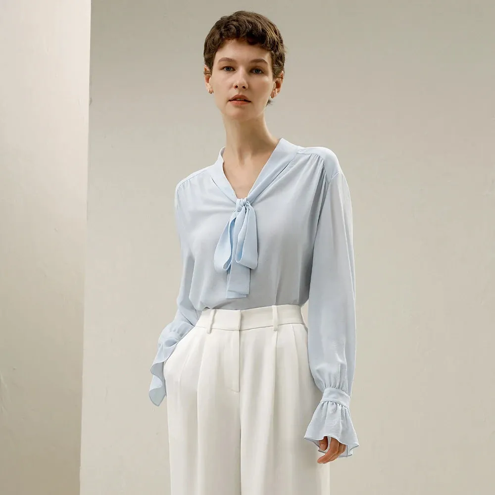 Pleated Cuffs Ribbon Bow Tops