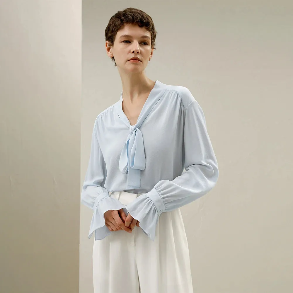Pleated Cuffs Ribbon Bow Tops