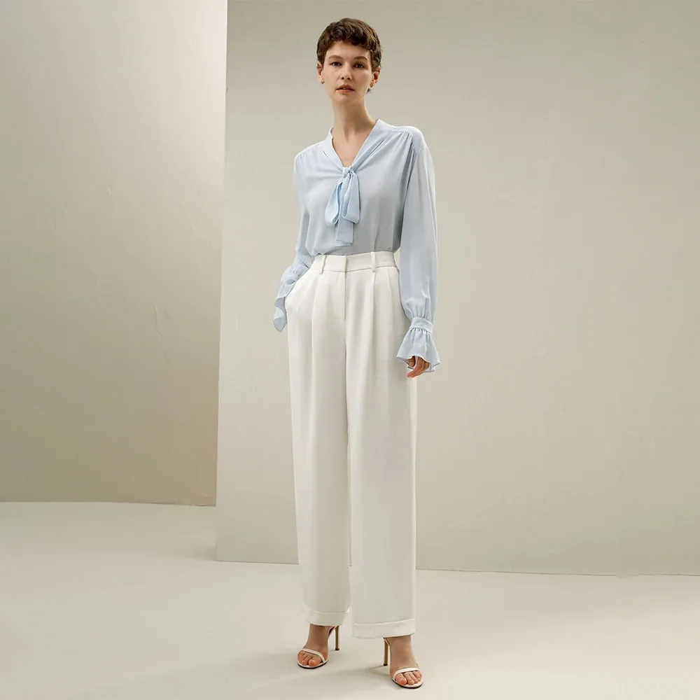 Pleated Cuffs Ribbon Bow Tops