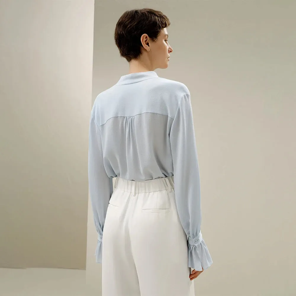 Pleated Cuffs Ribbon Bow Tops