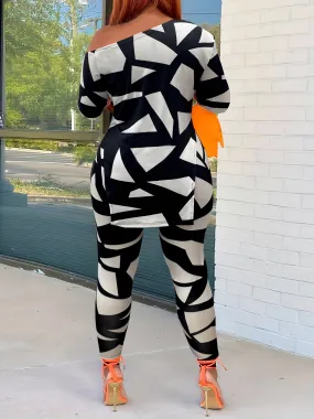 Plus Size Casual Outfits Set, Women's Plus Geo Print Long Sleeve Slash Neck Split Top & Leggings Outfits Two Piece Set