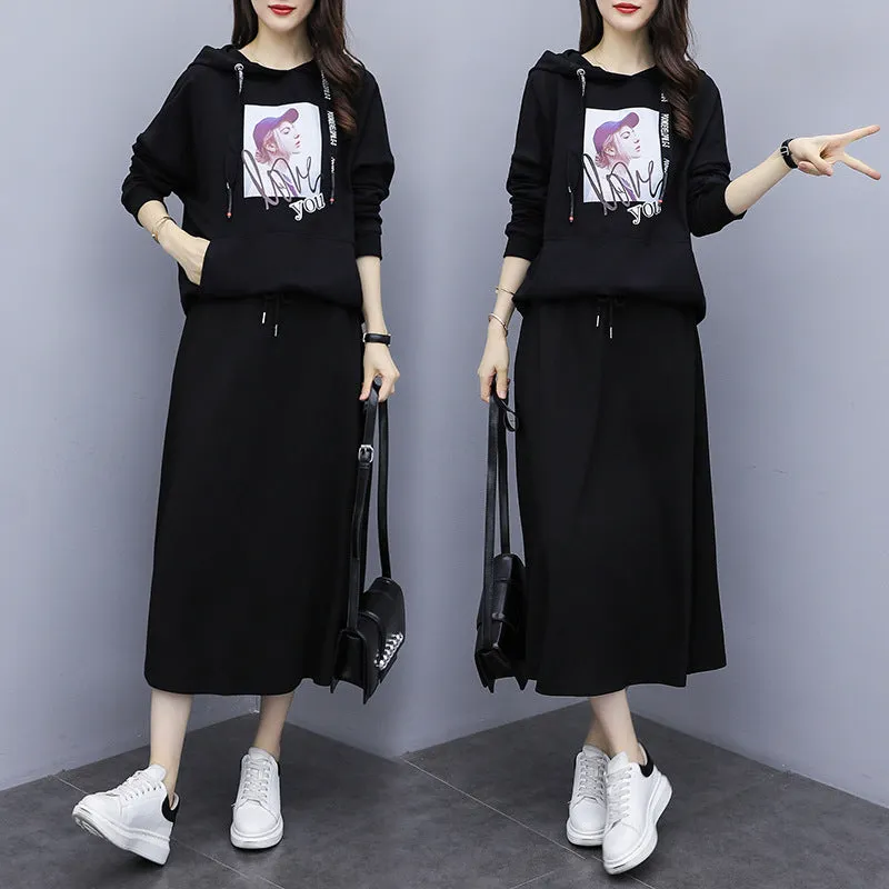 Plus Size Women Loose Slim-Look Skirt Two-Piece Sets Hooded Sweatshirt