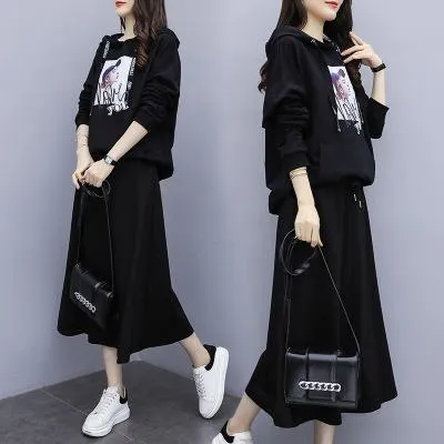 Plus Size Women Loose Slim-Look Skirt Two-Piece Sets Hooded Sweatshirt