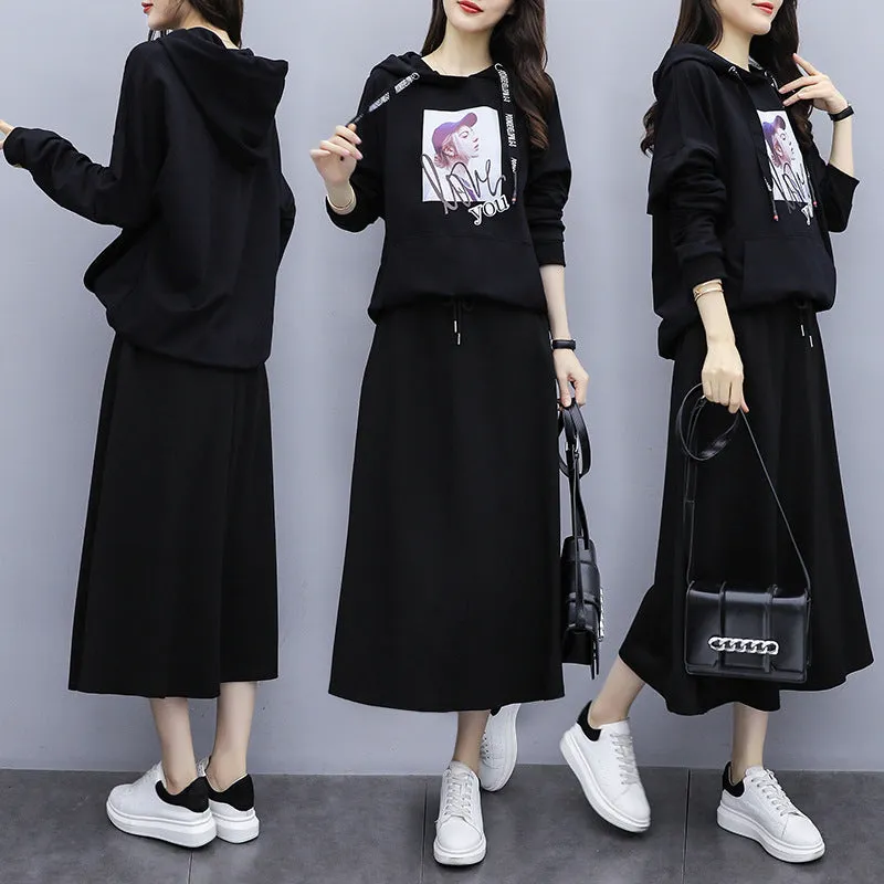Plus Size Women Loose Slim-Look Skirt Two-Piece Sets Hooded Sweatshirt