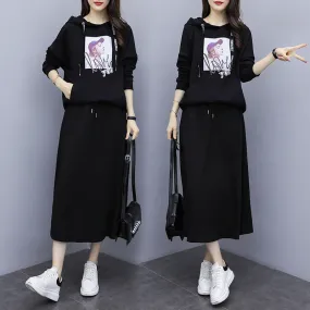 Plus Size Women Loose Slim-Look Skirt Two-Piece Sets Hooded Sweatshirt