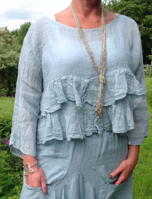 Raffadali Linen Top in Powder Blue Made In Italy By Feathers Of Italy One Size