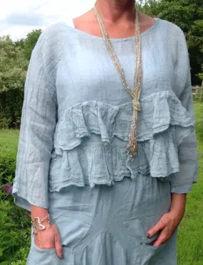 Raffadali Linen Top in Powder Blue Made In Italy By Feathers Of Italy One Size