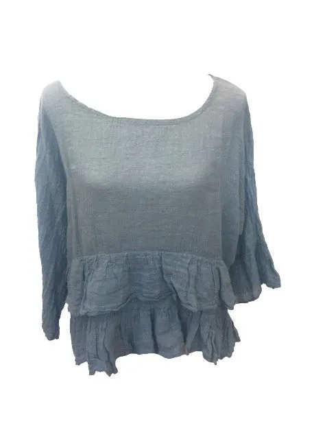 Raffadali Linen Top in Powder Blue Made In Italy By Feathers Of Italy One Size