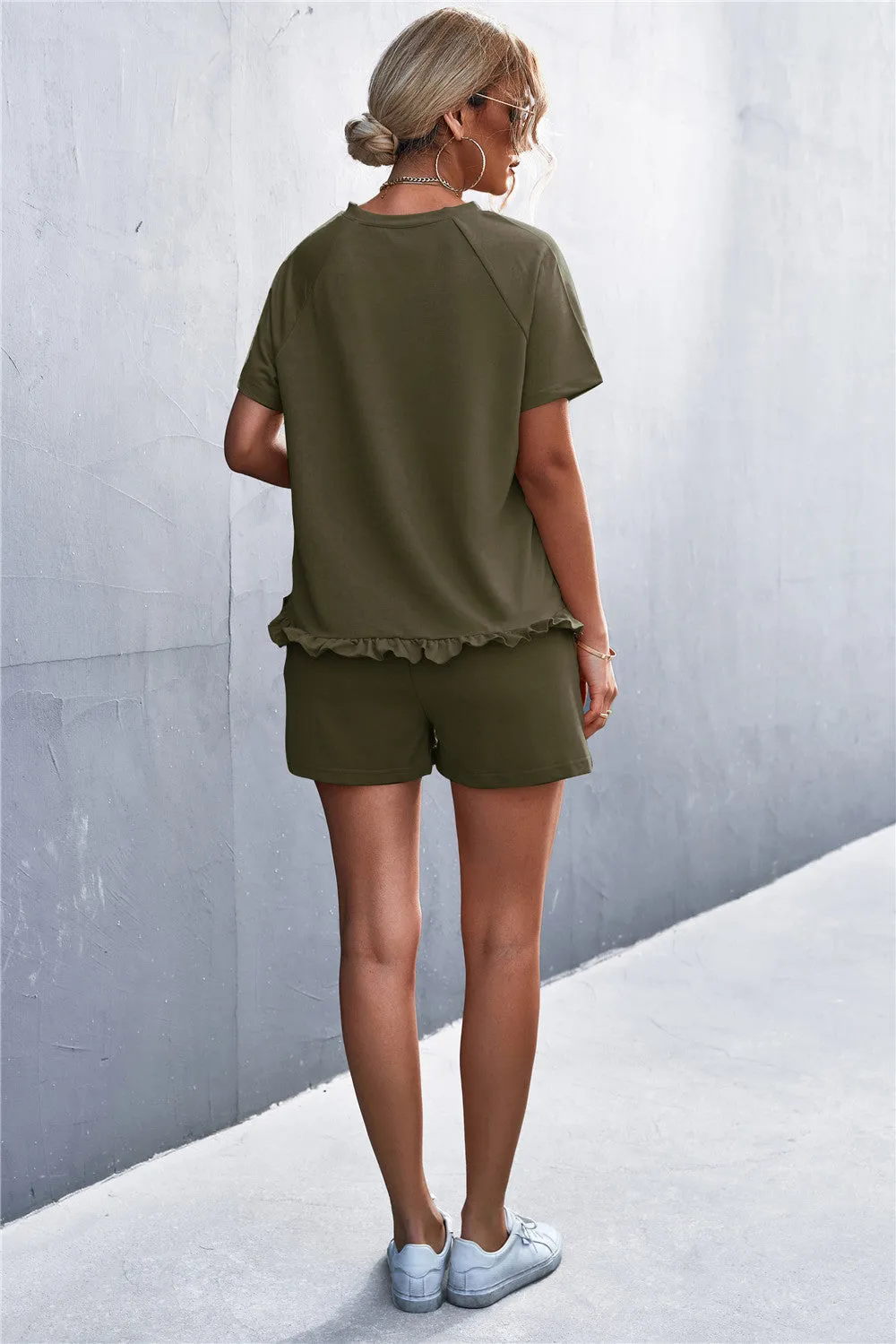 Raglan Sleeve Ruffle Hem Top and Shorts Set with Pockets