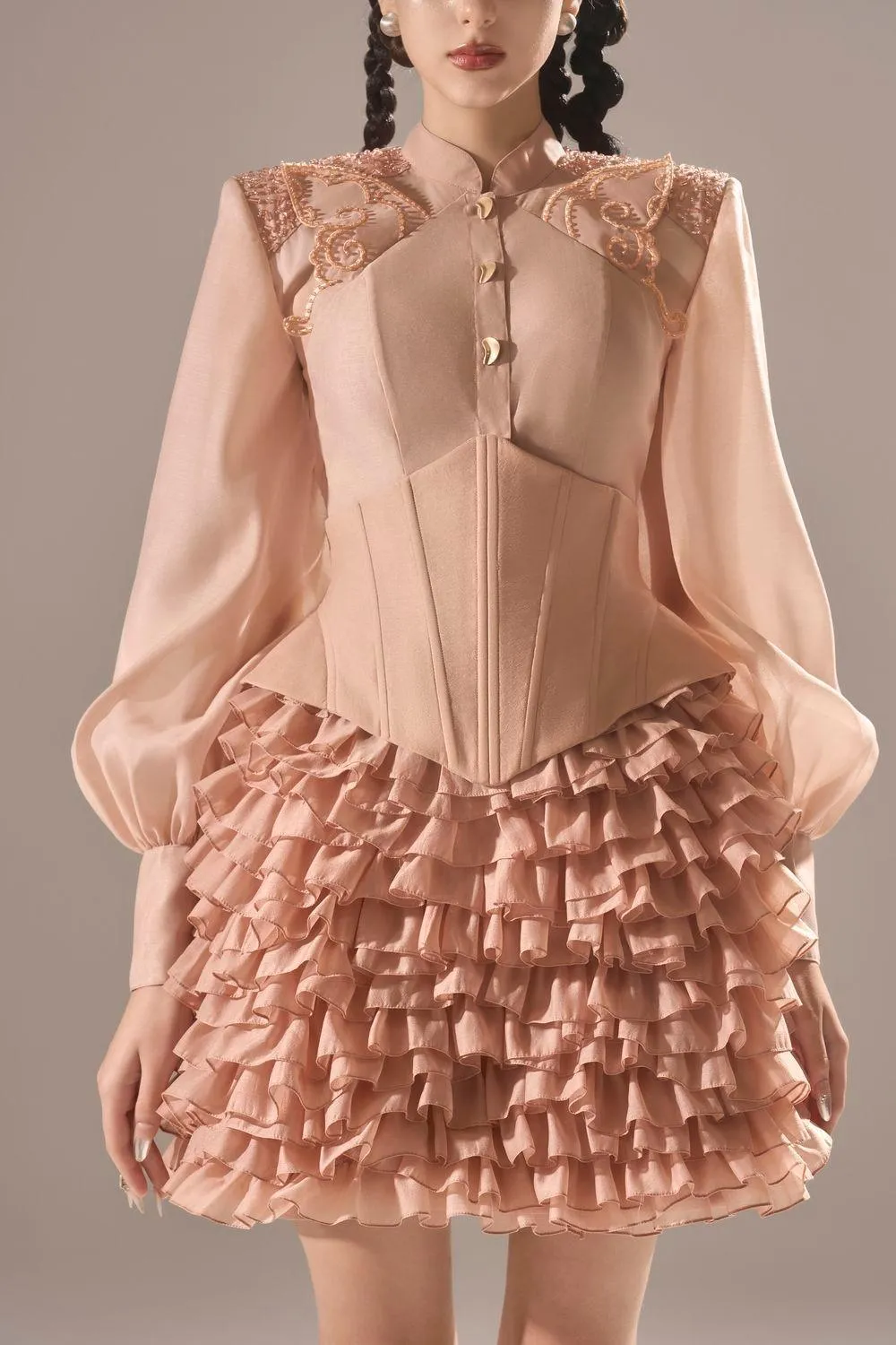 Rose of Venus Straight Mandarin Neck Organza Shirt