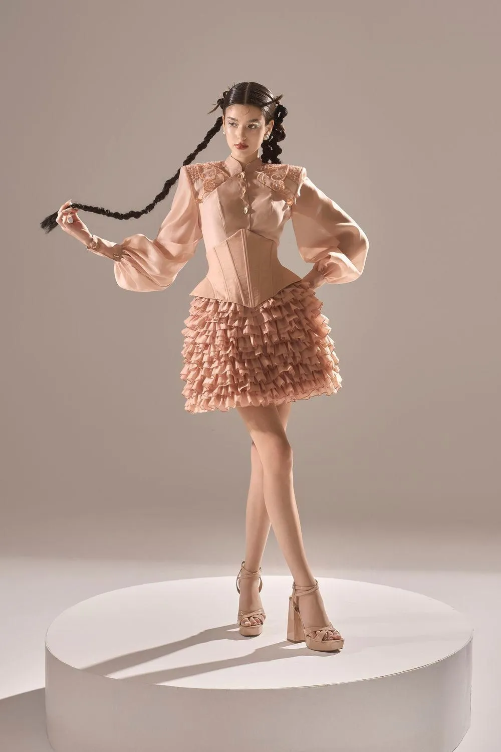 Rose of Venus Straight Mandarin Neck Organza Shirt