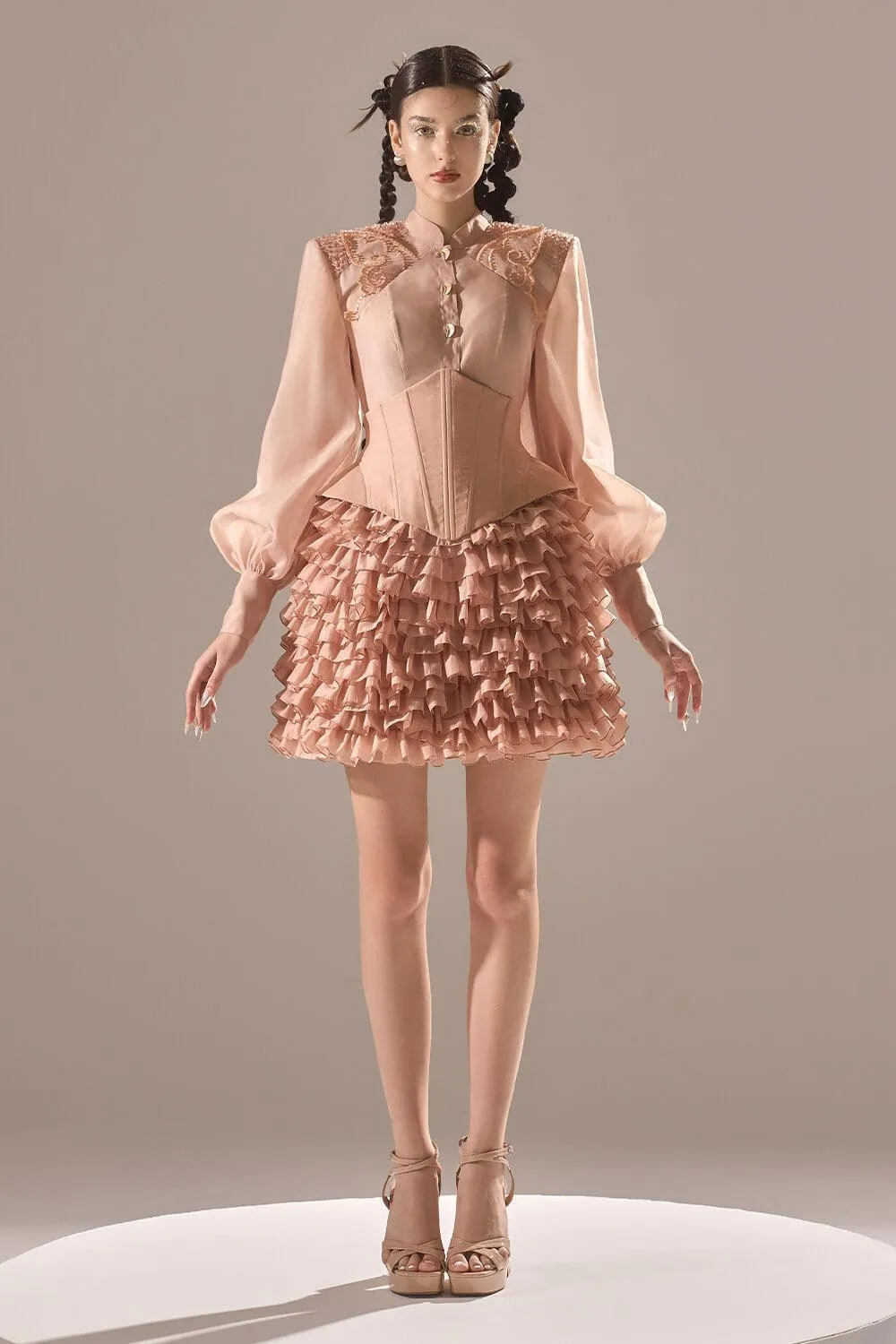Rose of Venus Straight Mandarin Neck Organza Shirt