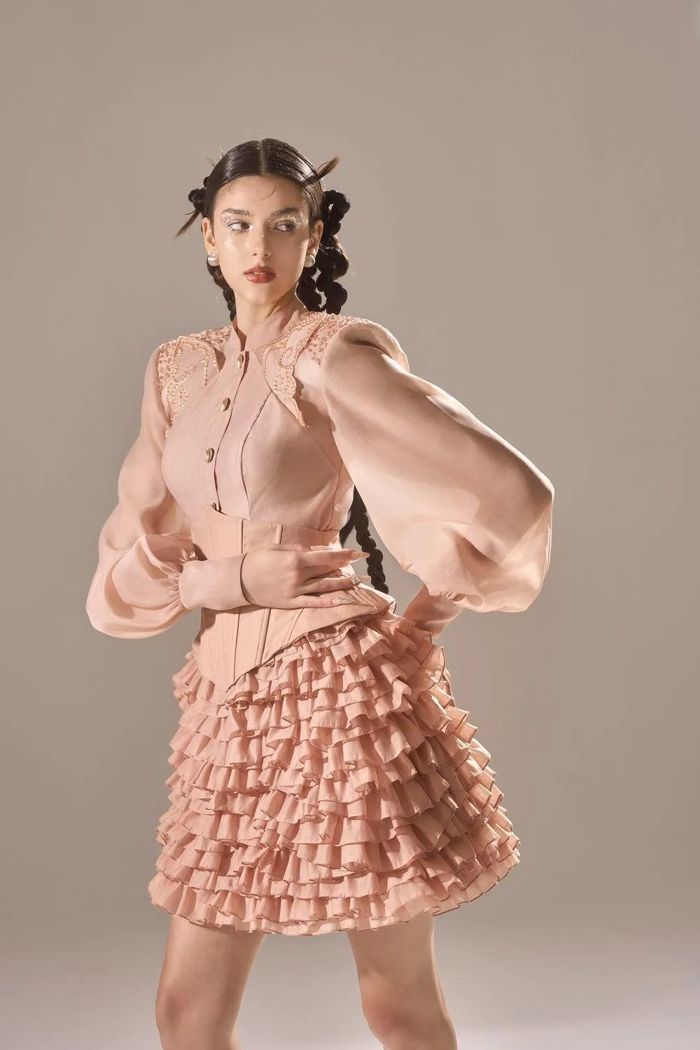 Rose of Venus Straight Mandarin Neck Organza Shirt