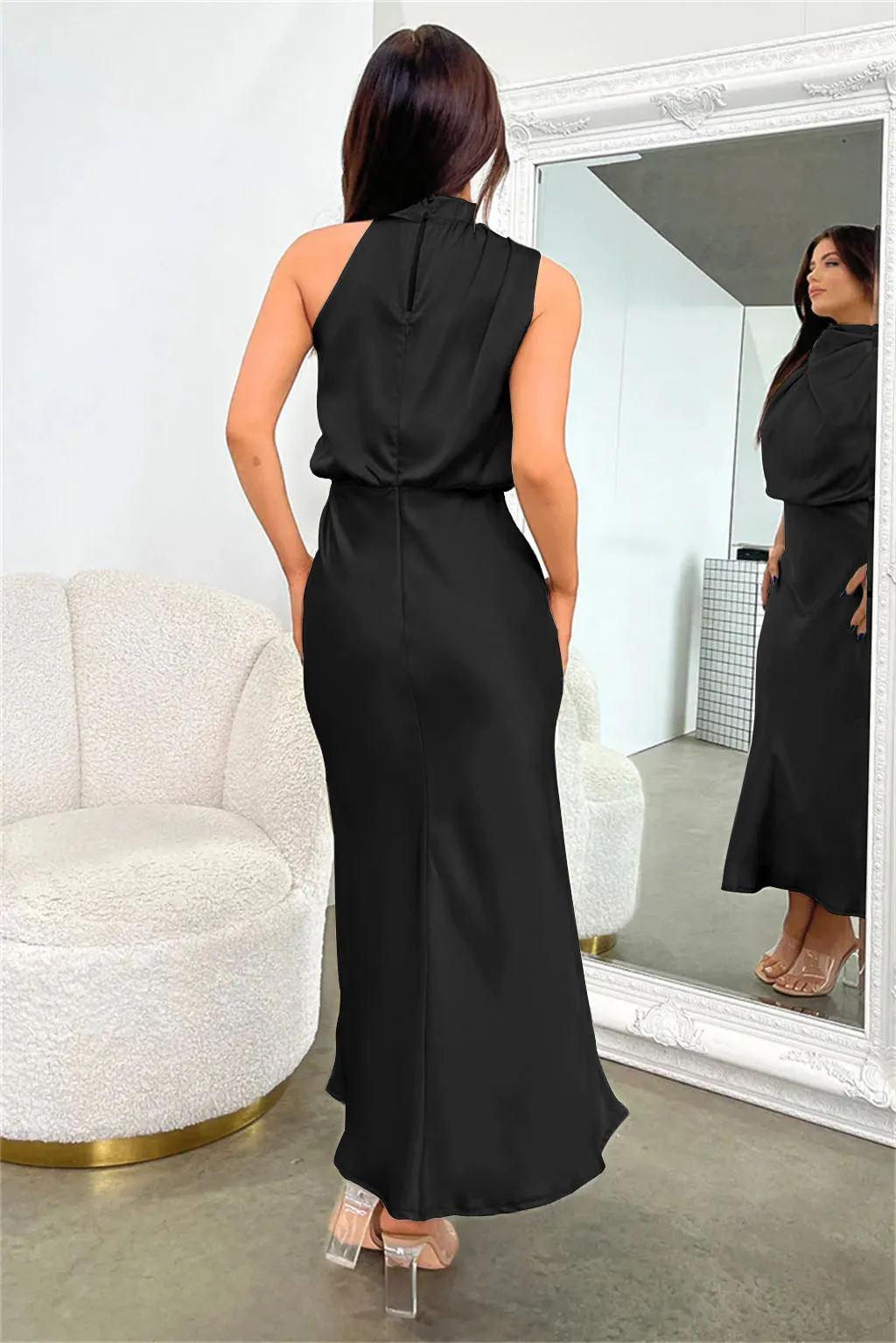 Satin Elegance Sleeveless Twisted Mock Neck Maxi Dress