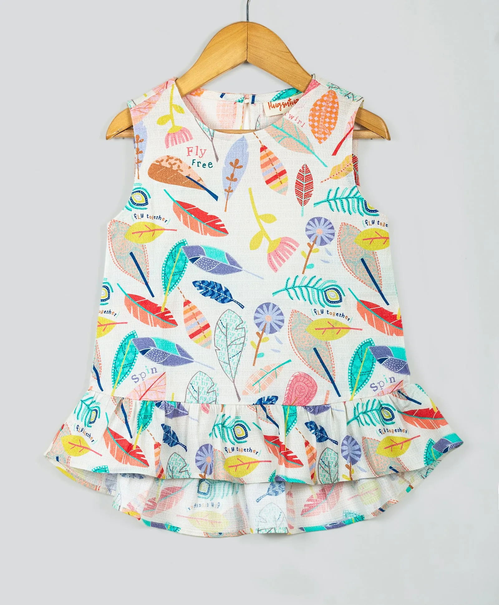 Sleeveless Feathers Print Peplum Top With Palazzo