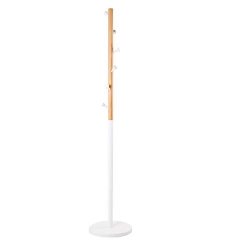 Struggle 6 Hooks Solid Wooden Coat Rack Coat Tree Hat Hanger with Round Base,White