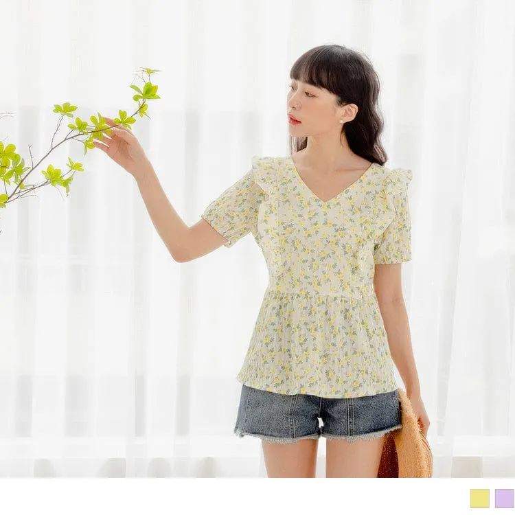 V-NECK DRAWSTRING WAIST RUFFLE SLEEVE TOPS