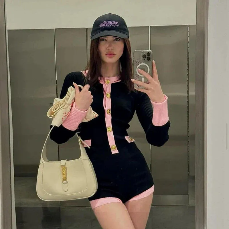 Valerie Pink-Trim Button Knit Romper