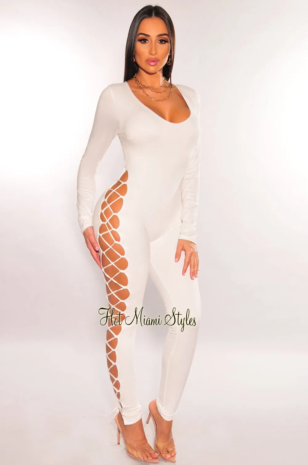 White Long Sleeve Lace Up Back Jumpsuit