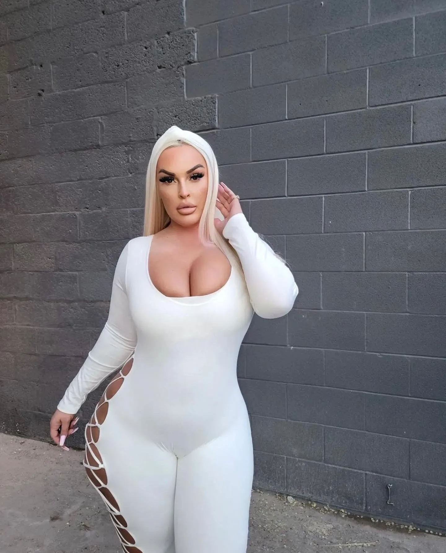 White Long Sleeve Lace Up Back Jumpsuit