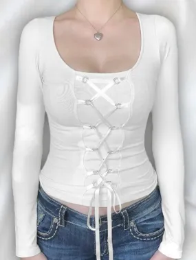 White U Neck Cross Lace Up Slim Long Sleeve Tee