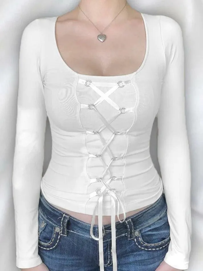 White U Neck Cross Lace Up Slim Long Sleeve Tee
