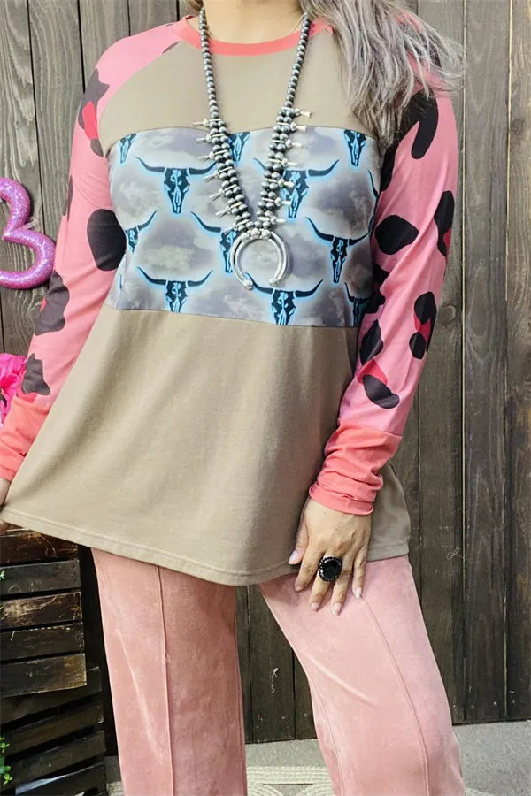 XCH14270 Bull & leopard multi color printed raglan long sleeve women tan tops (DS9)