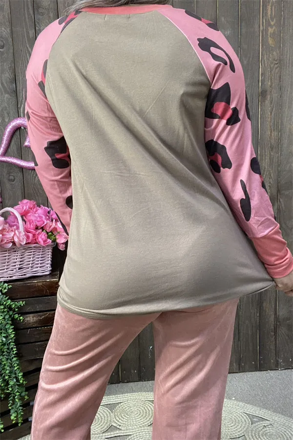 XCH14270 Bull & leopard multi color printed raglan long sleeve women tan tops (DS9)