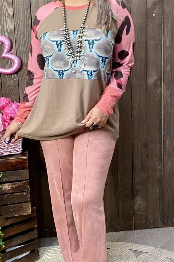 XCH14270 Bull & leopard multi color printed raglan long sleeve women tan tops (DS9)
