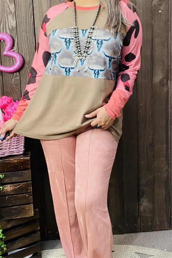 XCH14270 Bull & leopard multi color printed raglan long sleeve women tan tops (DS9)