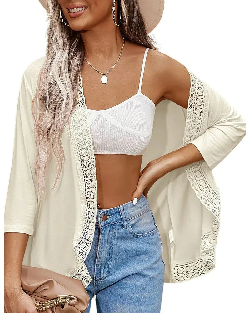 Zeagoo Women's Open Front Cardigans Lightweight 3/4 Sleeve Lace Kimono Soft Draped Cover Ups (US Only)